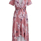 Floral Draped Belt Maternity V-neck Short Sleeve Elegant Midi Dress