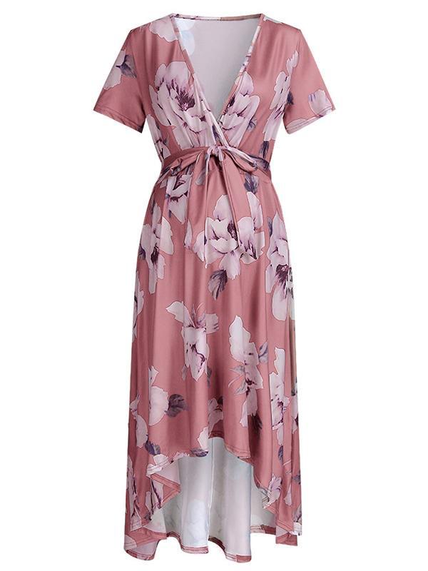 Floral Draped Belt Maternity V-neck Short Sleeve Elegant Midi Dress