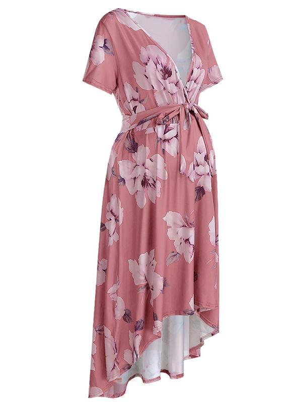 Floral Draped Belt Maternity V-neck Short Sleeve Elegant Midi Dress