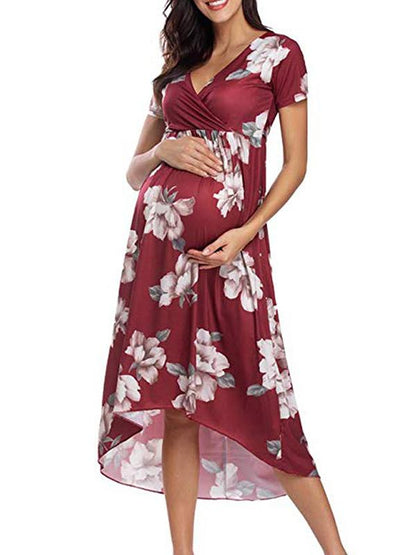 Floral Draped Belt Maternity V-neck Short Sleeve Elegant Midi Dress