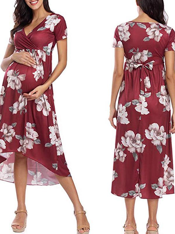 Floral Draped Belt Maternity V-neck Short Sleeve Elegant Midi Dress