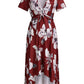 Floral Draped Belt Maternity V-neck Short Sleeve Elegant Midi Dress