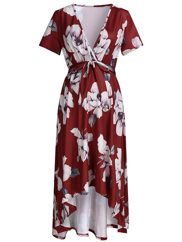 Floral Draped Belt Maternity V-neck Short Sleeve Elegant Midi Dress