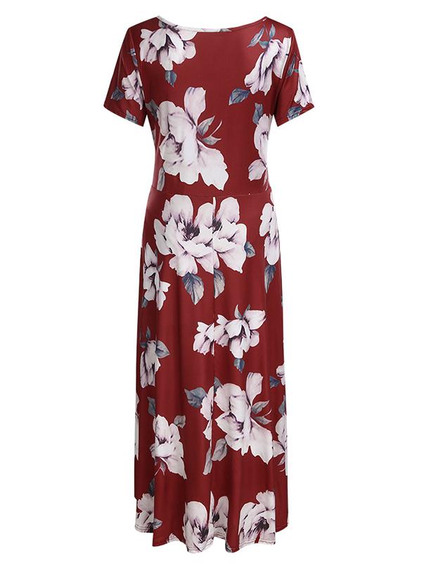 Floral Draped Belt Maternity V-neck Short Sleeve Elegant Midi Dress