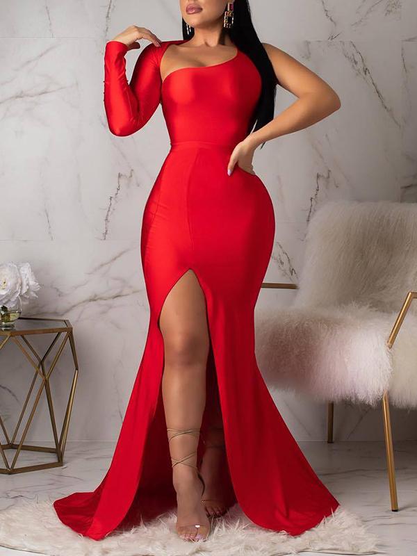 Solid One-shoulder Backless Side Slit Bodycon Long Sleeve Maternity Party Maxi Dress