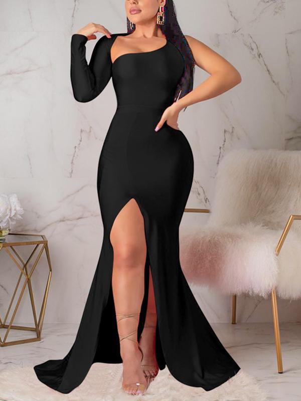 Solid One-shoulder Backless Side Slit Bodycon Long Sleeve Maternity Party Maxi Dress