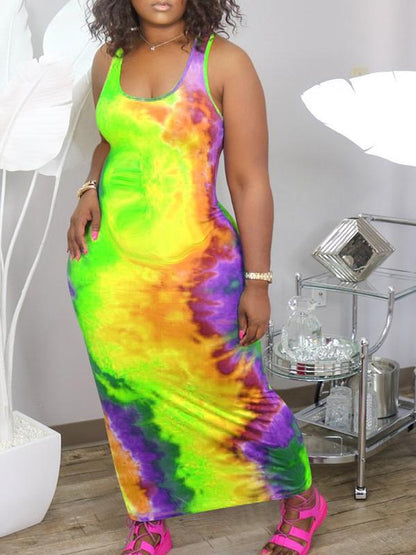 Tie Dye Maternity Round Neck Sleeveless Fashion Maxi Dress