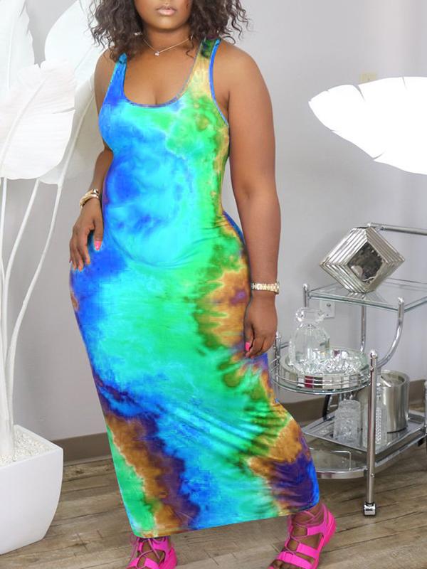 Tie Dye Maternity Round Neck Sleeveless Fashion Maxi Dress