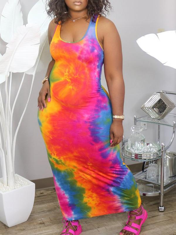 Tie Dye Maternity Round Neck Sleeveless Fashion Maxi Dress