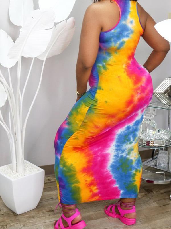 Tie Dye Maternity Round Neck Sleeveless Fashion Maxi Dress