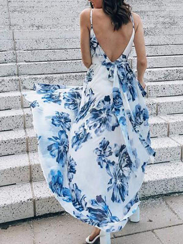 Floral Print Maternity For Babyshower Flowy V-Neck Vintage Maxi Dress