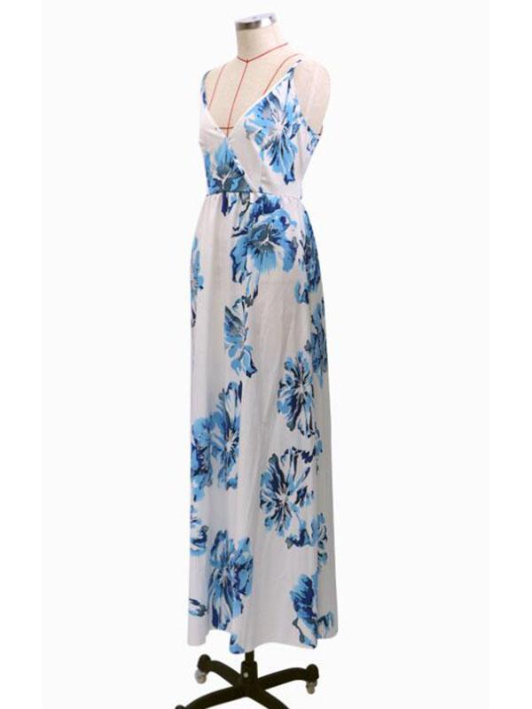 Floral Print Maternity For Babyshower Flowy V-Neck Vintage Maxi Dress