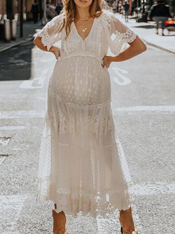 Seindeal White Maternity Baby Shower Dresses V-neck Short Sleeve Maxi Lace  Wedding Guest Dress  SeinDeal