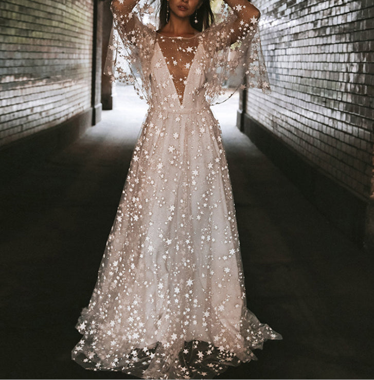 Starry Tulle Vneck Long Sleeve Photoshoot Maternity Maxi Dress