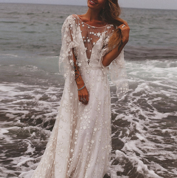 Starry Tulle Vneck Long Sleeve Photoshoot Maternity Maxi Dress