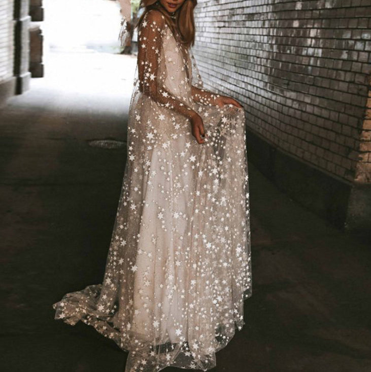 Starry Tulle Vneck Long Sleeve Photoshoot Maternity Maxi Dress