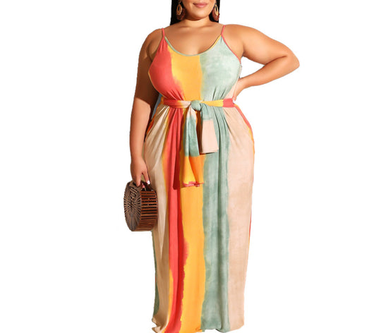 Striped Belt Plus Size Sleeveless Baby Shower Maxi Dress