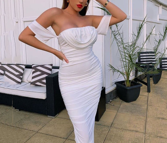 Ruffle Off Shoulder Maternity Bodycon White Baby Shower Elegant Maxi Dress