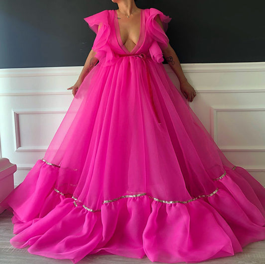 Ruffle Grenadine Belt Deep Vneck Big Swing Tulle Maternity For Baby shower Maxi Dress