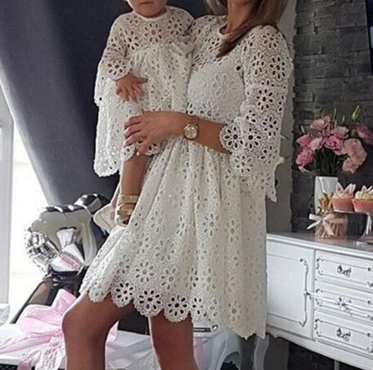 Lace Cut Out Mommy and Me Outfits Round Neck Long Sleeve Mini Dress