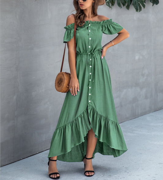 Single Breasted Belt Irregular Off Shoulder Maternity Boho Shirred Maxi Dress