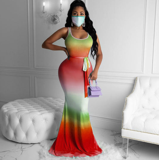 Gradient Belt Mermaid Round Neck Sleeveless Maternity Maxi Dress