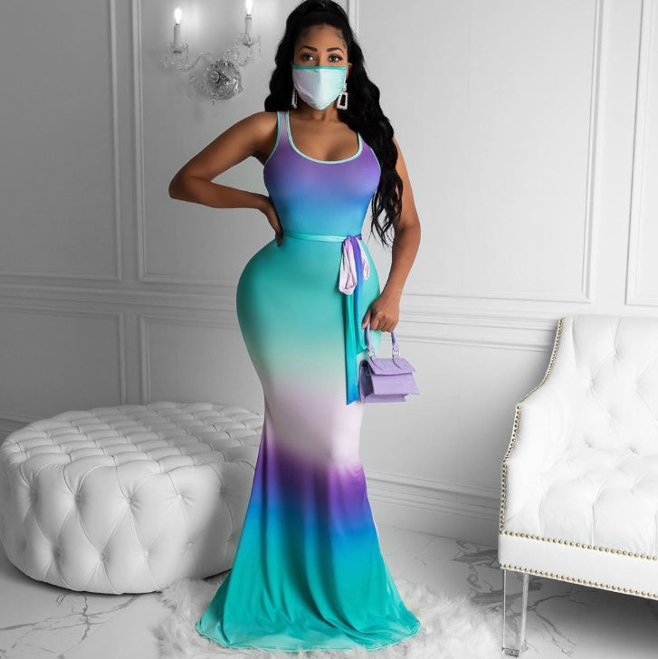 Gradient Belt Mermaid Round Neck Sleeveless Maternity Maxi Dress