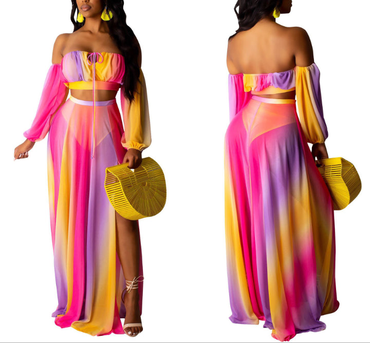 Rainbow Gradient Belt Cut Out Off Shoulder Side Slit Sheer Maternity Maxi Dress