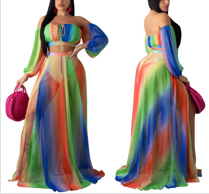 Rainbow Gradient Belt Cut Out Off Shoulder Side Slit Sheer Maternity Maxi Dress