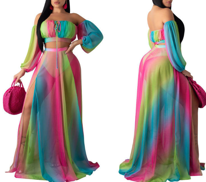 Rainbow Gradient Belt Cut Out Off Shoulder Side Slit Sheer Maternity Maxi Dress