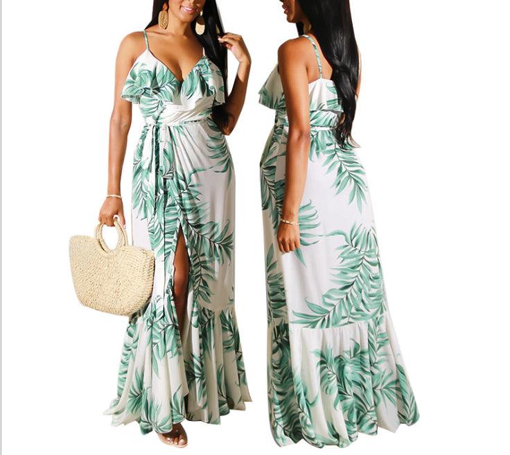 Leaves Belt Slit Ruffle Flowy Vneck Sleeveless Maternity Maxi Dress