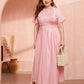 Solid Lace Pleated Plus Size Round Neck Short Sleeve Maternity Maxi Dress