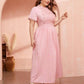 Solid Lace Pleated Plus Size Round Neck Short Sleeve Maternity Maxi Dress