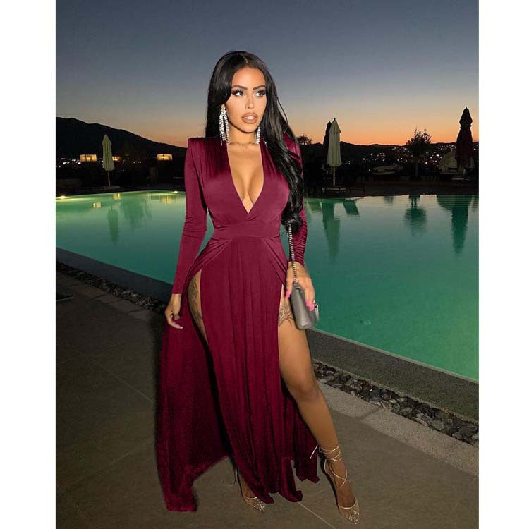 Solid Double Slit Flowy Deep Vneck Long Sleeve Maternity Maxi Dress