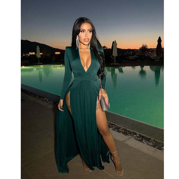 Solid Double Slit Flowy Deep Vneck Long Sleeve Maternity Maxi Dress