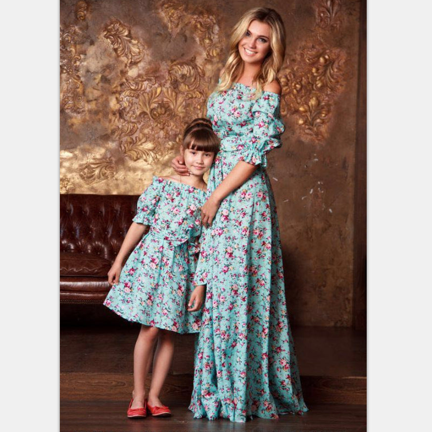 Floral Ruffle Belt Off Shoulder Mommy and Me Outfits Maxi Dress