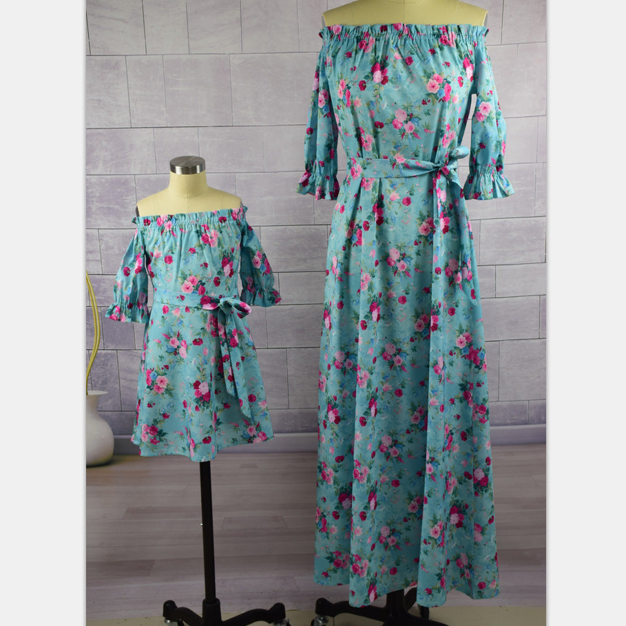 Floral Ruffle Belt Off Shoulder Mommy and Me Outfits Maxi Dress