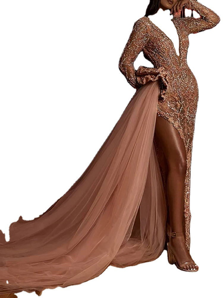 Sequin Shimmer Grenadine Tulle Side Slit Bodycon Deep Vneck Maternity Party Maxi Dress