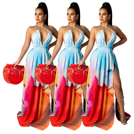 Tie Dye Vneck Side Slit Halter Neck Maternity Maxi Dress