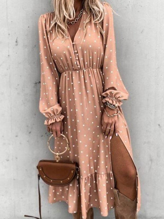 Polka Dot Single Breasted Ruffle V-Neck Long Sleeve Elegant Maternity Maxi Dress