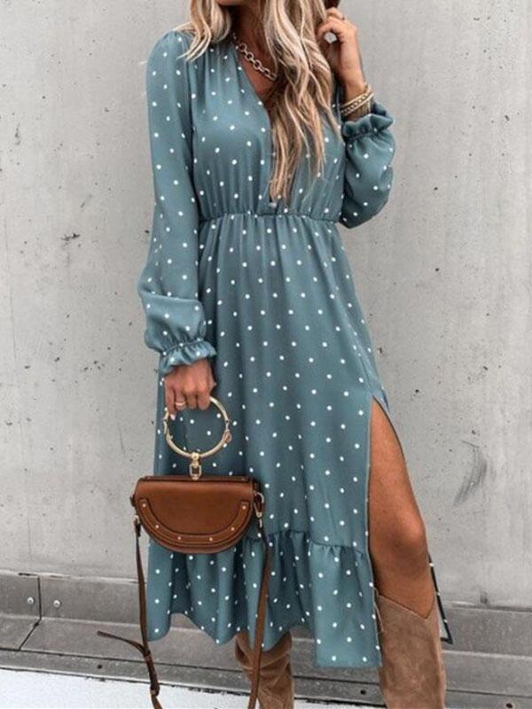 Polka Dot Single Breasted Ruffle V-Neck Long Sleeve Elegant Maternity Maxi Dress