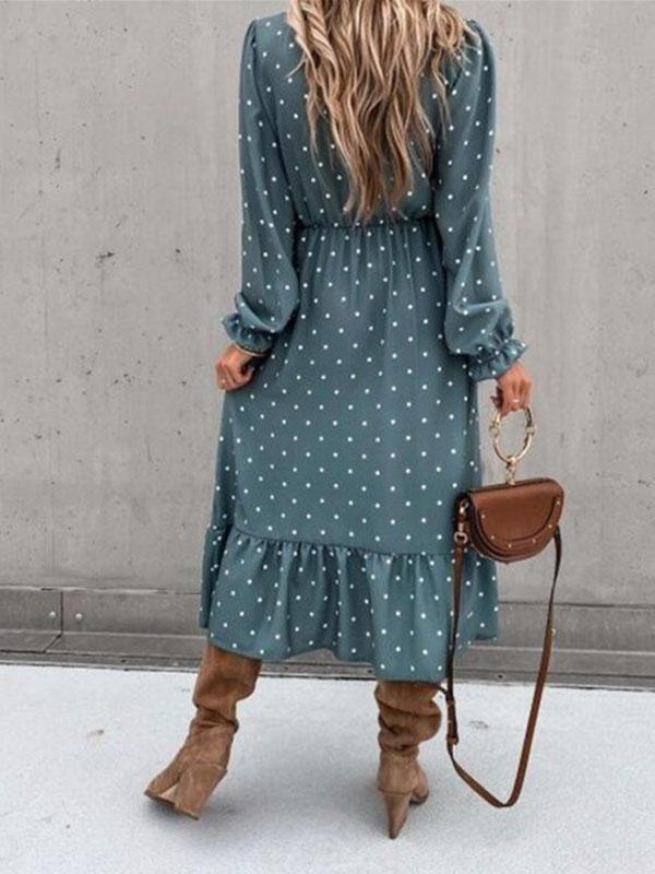 Polka Dot Single Breasted Ruffle V-Neck Long Sleeve Elegant Maternity Maxi Dress