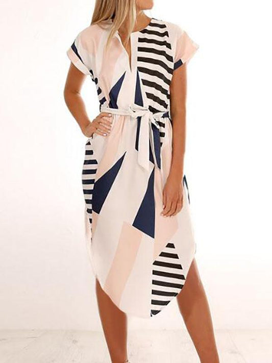 Color Block Striped Irregular Belt Maternity For Babyshower Vintage Midi Dress