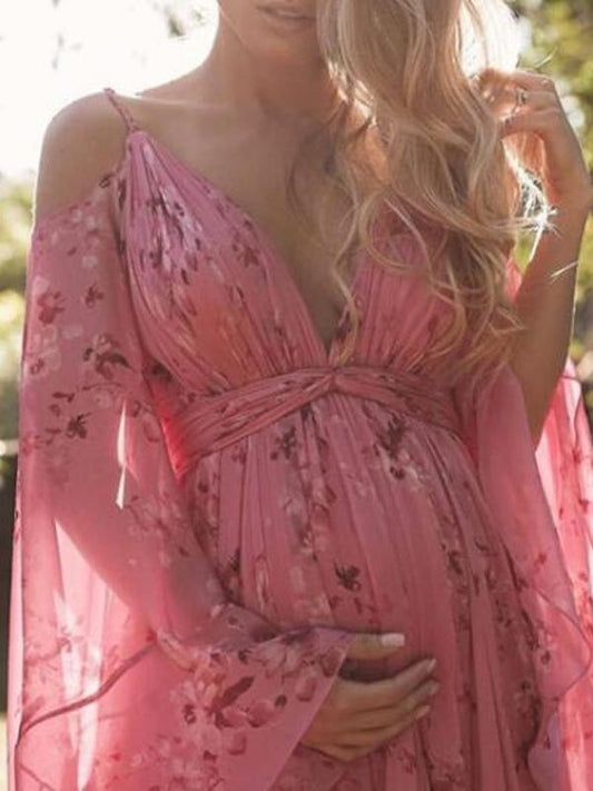 Floral Pleated Flare Sleeve Plus Size Maternity Maxi Dress