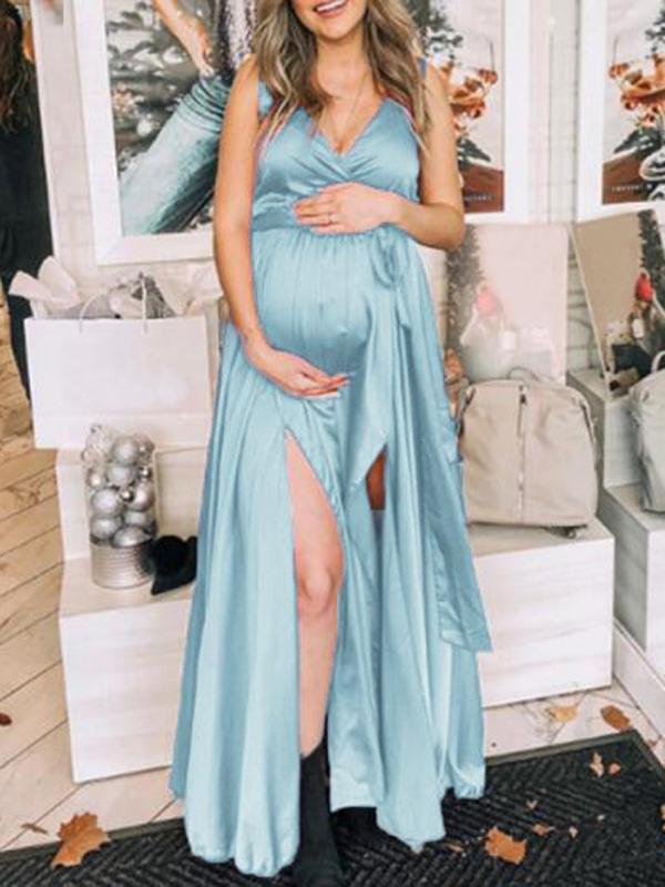 Sashes Side Slit Sleeveless Baby Shower Maternity Maxi Dress