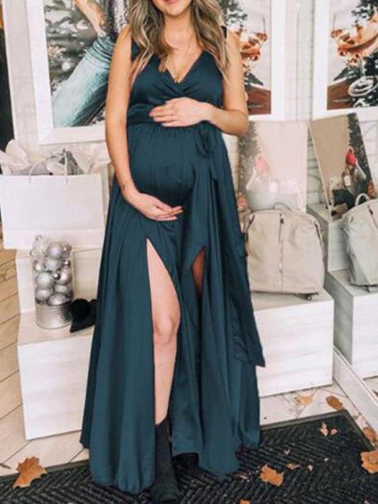 Sashes Side Slit Sleeveless Baby Shower Maternity Maxi Dress