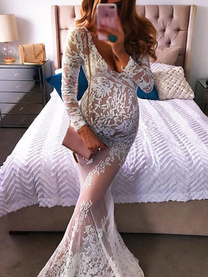 Seindeal Leaves Lace Bodycon Floor Length Plunging Neckline Elegant White Shoot Sheer Maternity Dress for Evening Party Night Look