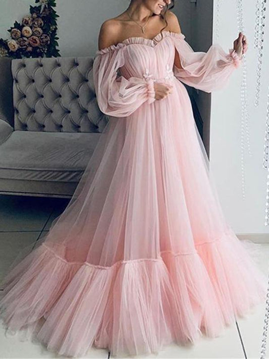 Seindeal Off Shoulder Ruffle Tutu Gender Reveal Floor Length Maternity Maxi Dress for Photoshoot Pink