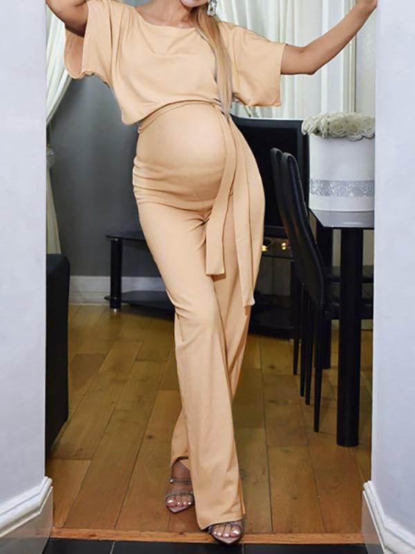 Seindeal Solid Wide Leg Palazzo Pants Belt One Piece Long Maternity Jumpsuit for Workwear