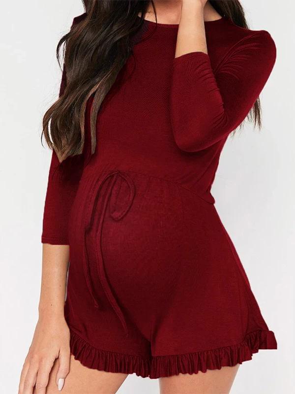 Solid Drawstring Ruffle Bodycon Long Sleeve Maternity Jumpsuit